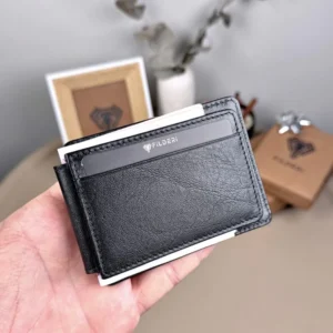 Magnetisches Slim-Kartenetui – Echtleder, Schwarz | 2132