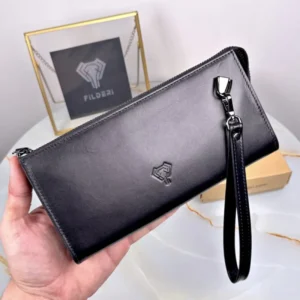 Herrenhandtasche – mit Handyfach, schwarzes Echtleder | 2089